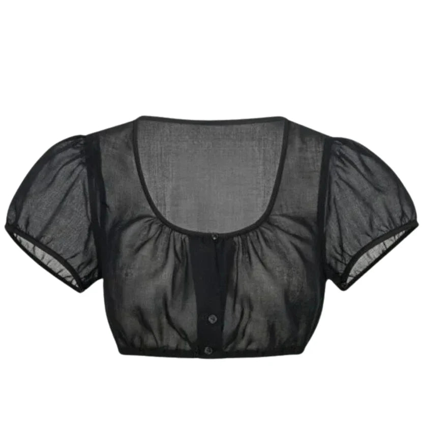 Black Sheer Dirndl Blouse with Scoop Neck Puff Sleeve
