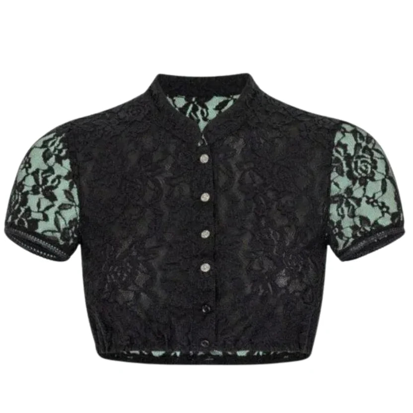 Black Lace Dirndl Blouse with Mint Contrast Lining