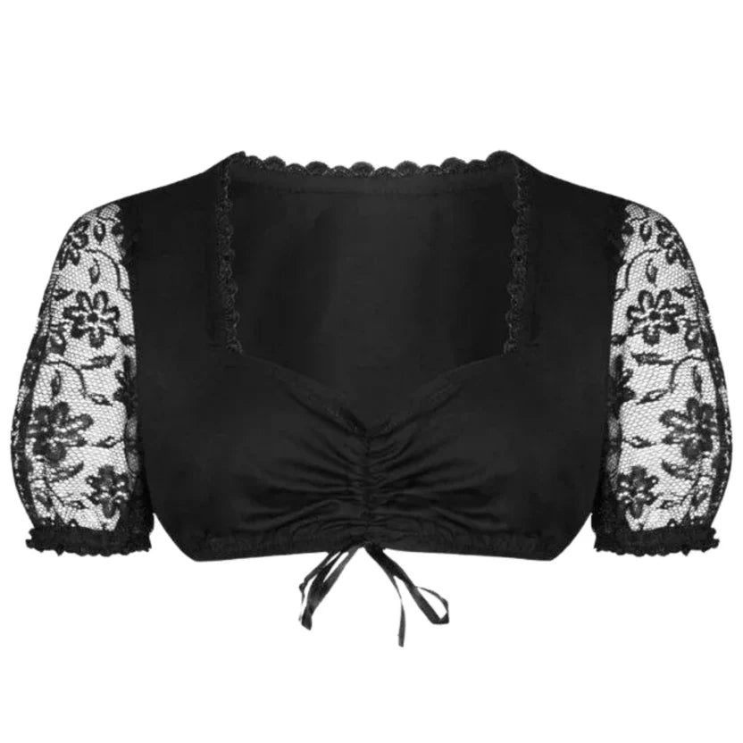 Black Lace Up Dirndl Blouse with Sweetheart Neck