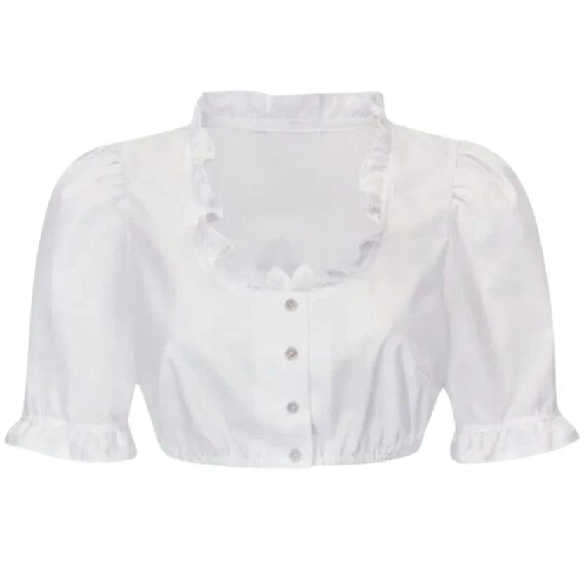 White Ruffle Trim Dirndl Blouse with Button Front