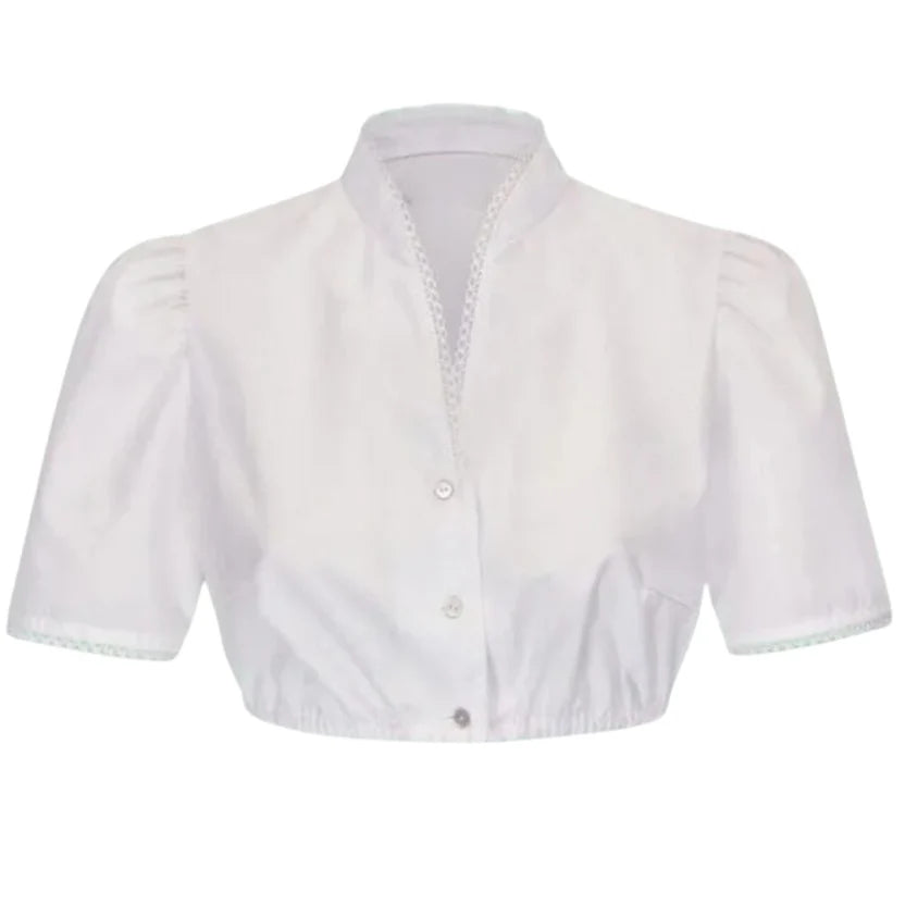 White Stand Collar Dirndl Blouse with Trim Detail
