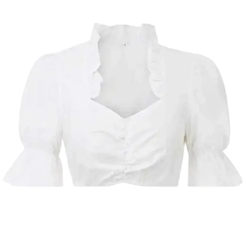 White Ruffle Collar Dirndl Blouse with Puff Sleeve