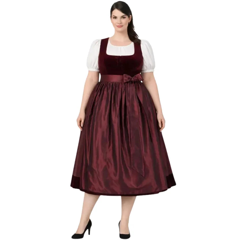 Plus Size Burgundy Velvet Dirndl Dress with Bow Sash