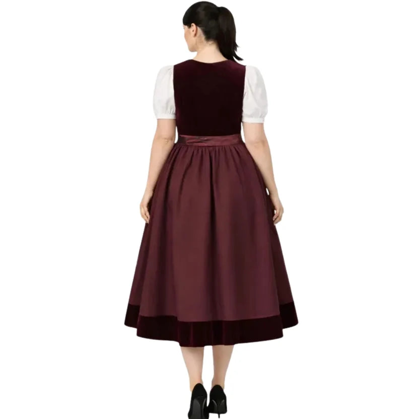 Plus Size Burgundy Velvet Dirndl Dress with Bow Sash