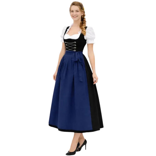 Black Corset Dirndl Dress with Navy Blue Long Apron