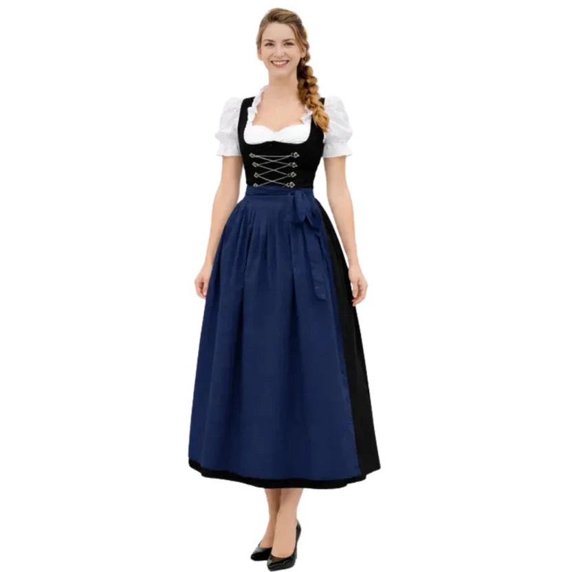 Black Corset Dirndl Dress with Navy Blue Long Apron
