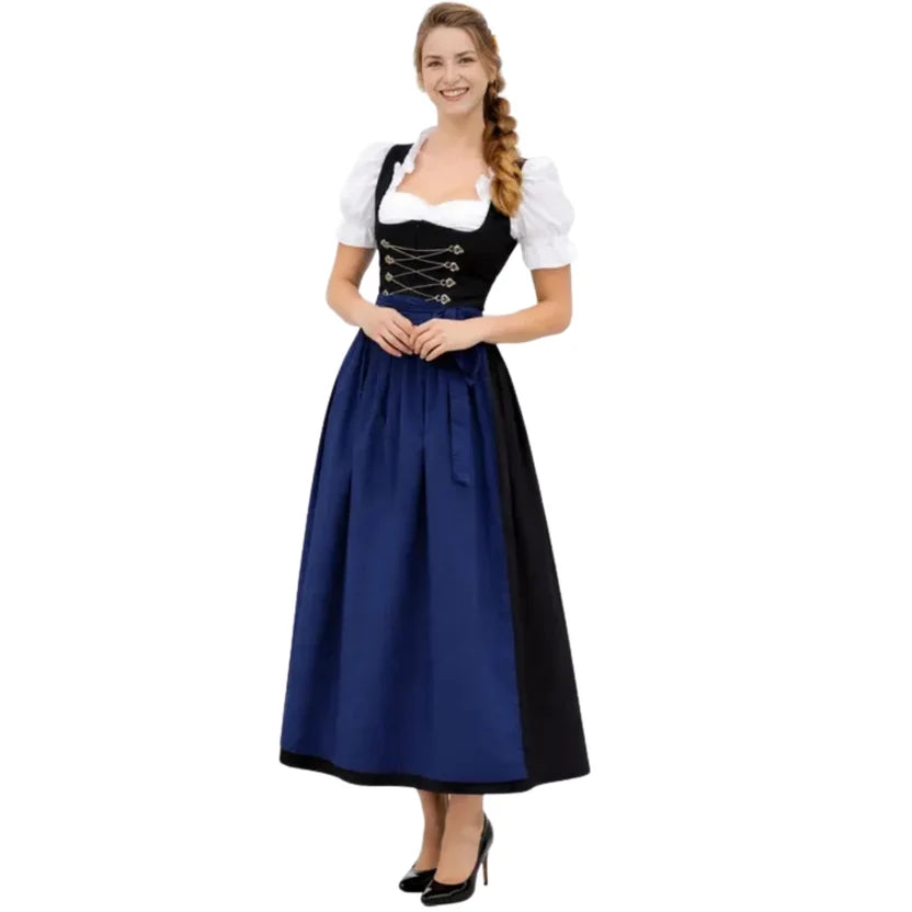 Black Corset Dirndl Dress with Navy Blue Long Apron