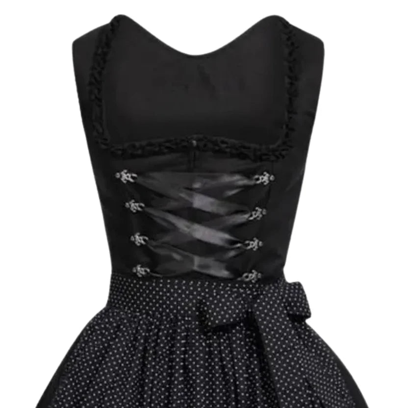 Black Polka Dot Dirndl Dress with Corset Lace-Up Back