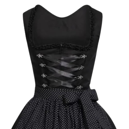 Black Polka Dot Dirndl Dress with Corset Lace-Up Back