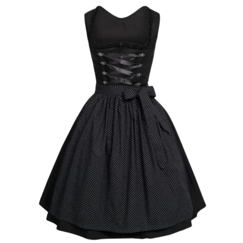 Black Polka Dot Dirndl Dress with Corset Lace-Up Back
