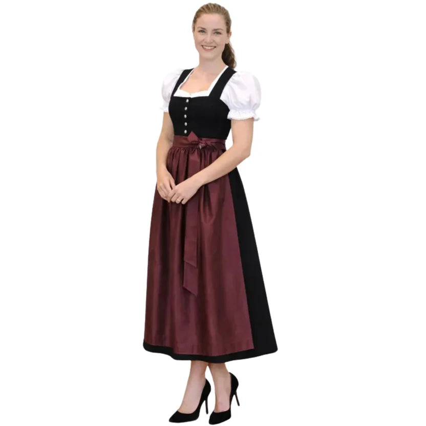 Black Dirndl Dress with Burgundy Satin Apron | Long