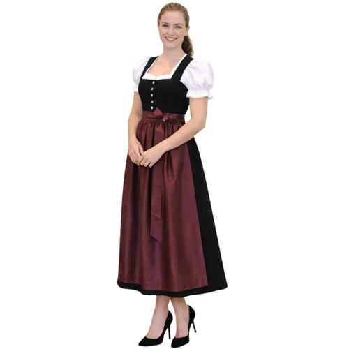 Black Dirndl Dress with Burgundy Satin Apron | Long