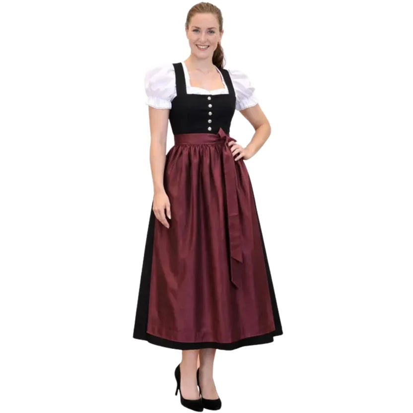 Black Dirndl Dress with Burgundy Satin Apron | Long