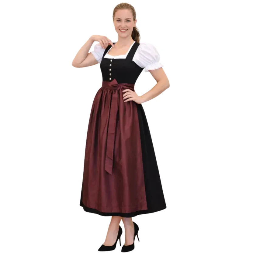 Black Dirndl Dress with Burgundy Satin Apron | Long