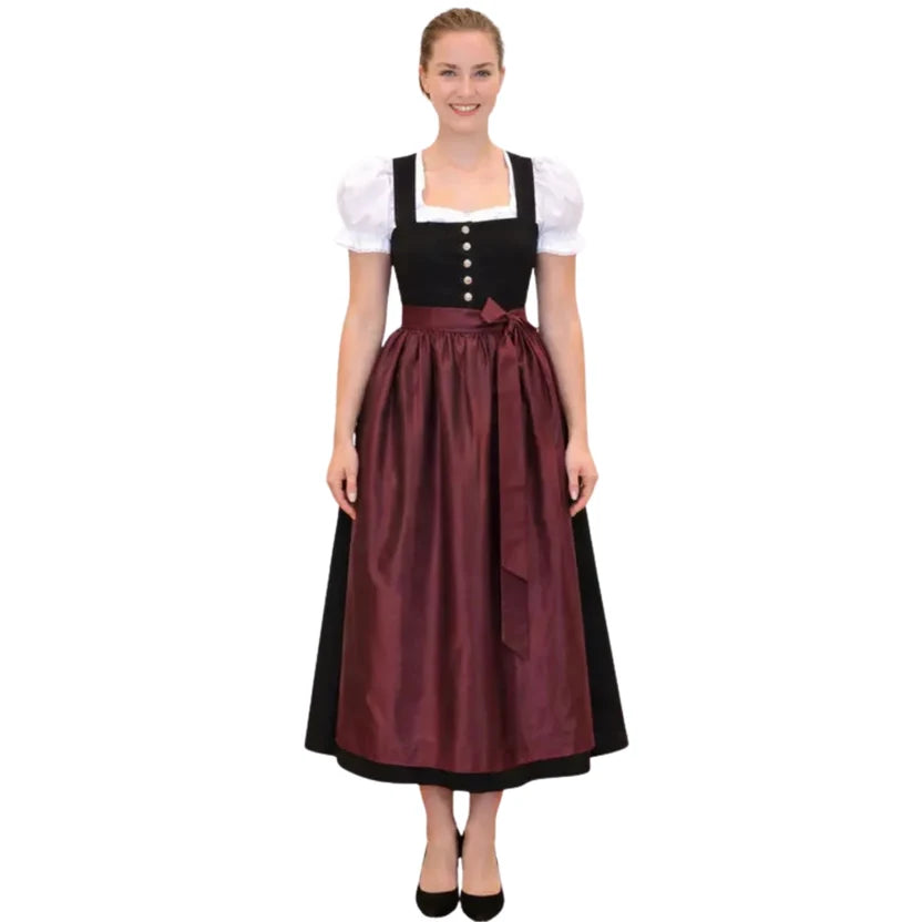 Black Dirndl Dress with Burgundy Satin Apron | Long