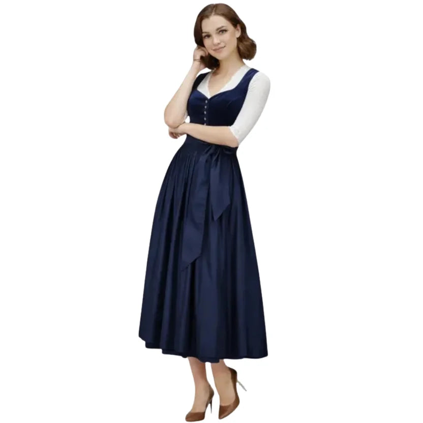 Navy Blue Velvet Dirndl Dress with Satin Bow Sash