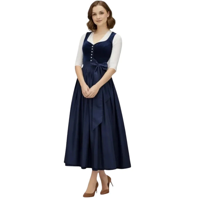 Navy Blue Velvet Dirndl Dress with Satin Bow Sash