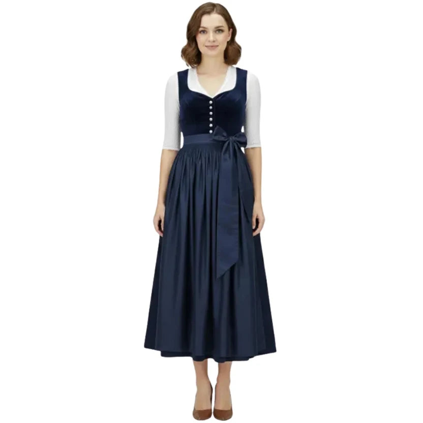 Navy Blue Velvet Dirndl Dress with Satin Bow Sash