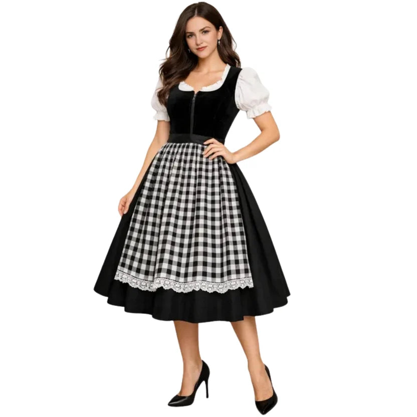 Black Velvet Dirndl Dress with Gingham Apron & Lace