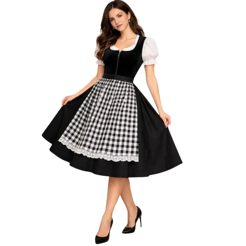 Black Velvet Dirndl Dress with Gingham Apron & Lace