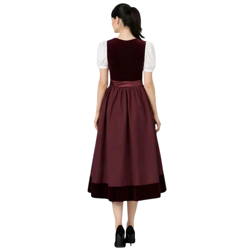 Burgundy Velvet Dirndl Dress with Taffeta Skirt | Midi