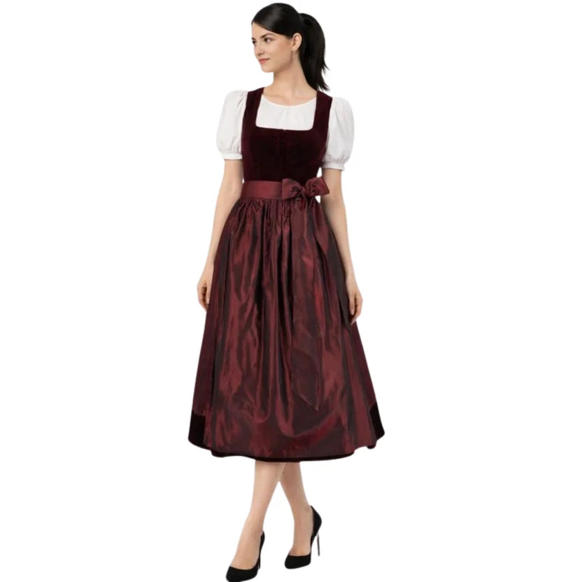 Burgundy Velvet Dirndl Dress with Taffeta Skirt | Midi