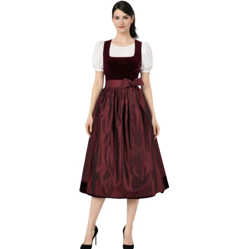 Burgundy Velvet Dirndl Dress with Taffeta Skirt | Midi