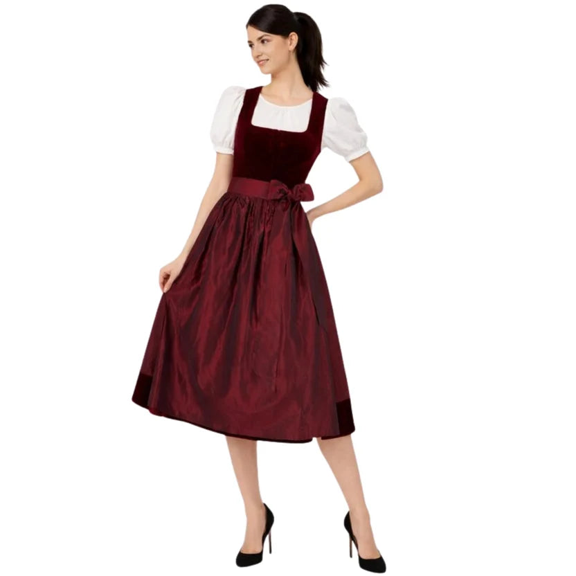 Burgundy Velvet Dirndl Dress with Taffeta Skirt | Midi