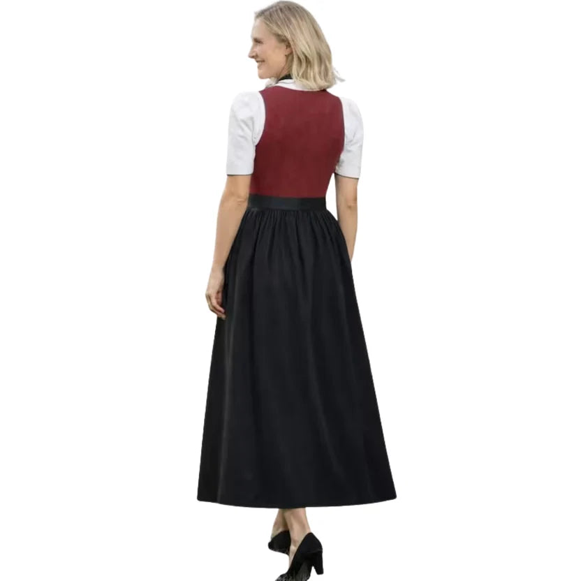 Burgundy Dirndl Dress with Black Skirt & Satin Apron | Long