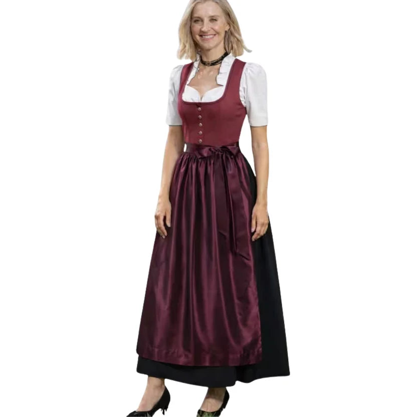 Burgundy Dirndl Dress with Black Skirt & Satin Apron | Long