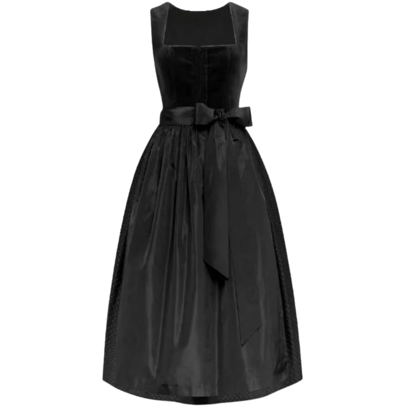 Black Velvet Dirndl Dress with Pindot Skirt & Bow | Midi