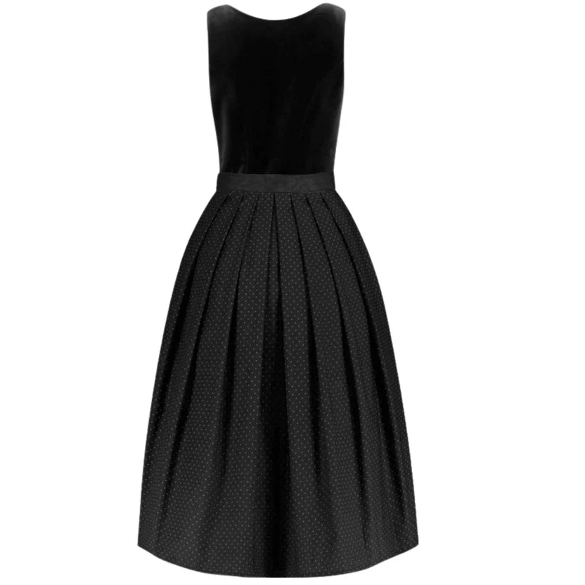 Black Velvet Dirndl Dress with Pindot Skirt & Bow | Midi