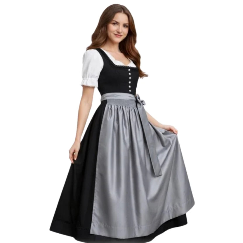 Black Dirndl Dress with Grey Satin Apron | Floor Length