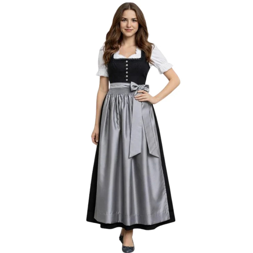 Black Dirndl Dress with Grey Satin Apron | Floor Length