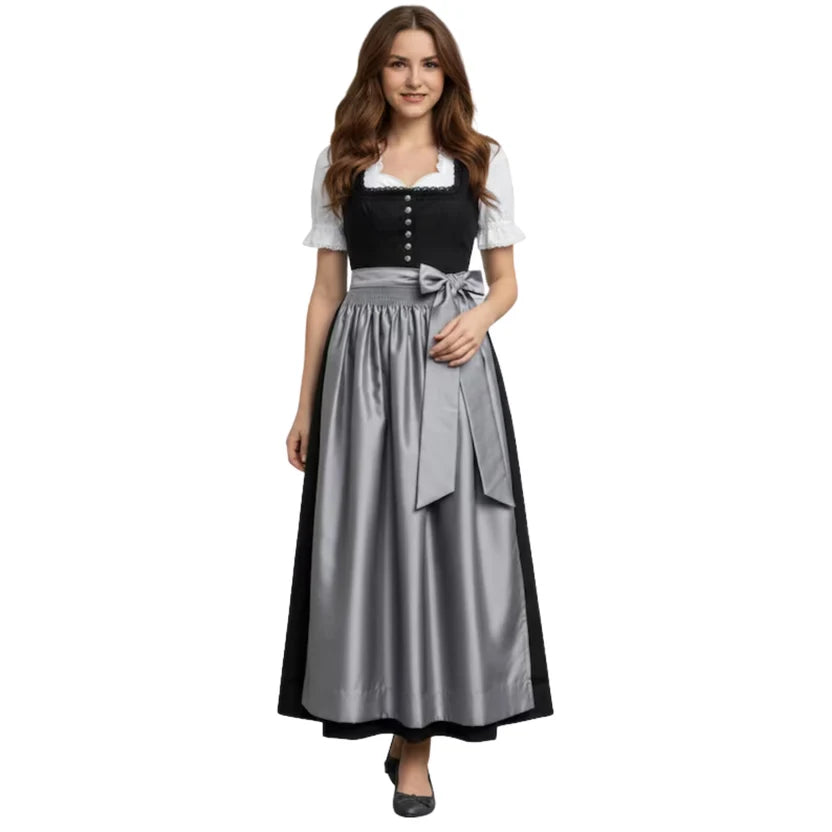 Black Dirndl Dress with Grey Satin Apron | Floor Length