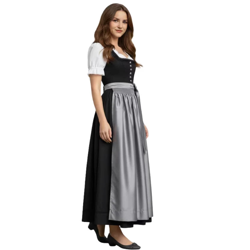 Black Dirndl Dress with Grey Satin Apron | Floor Length