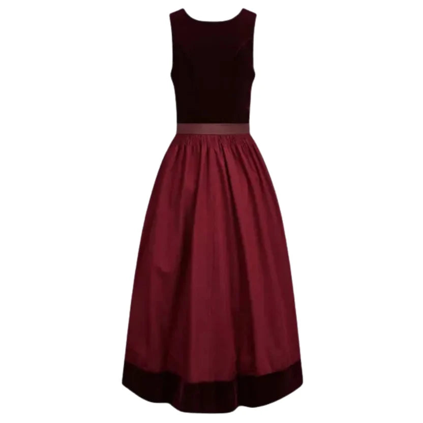 Burgundy Velvet Sleeveless Dirndl Dress with Bow Sash
