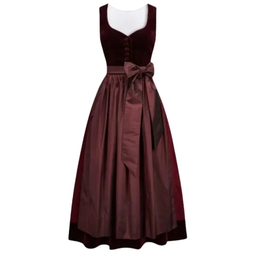 Burgundy Velvet Sleeveless Dirndl Dress with Bow Sash