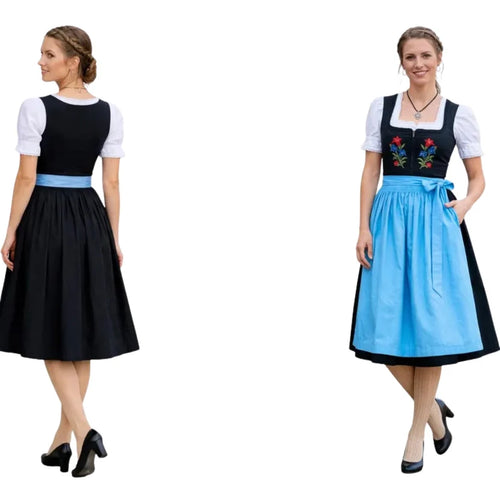 Black Bavarian Dirndl Dress with Light Blue Apron, 3-Pc