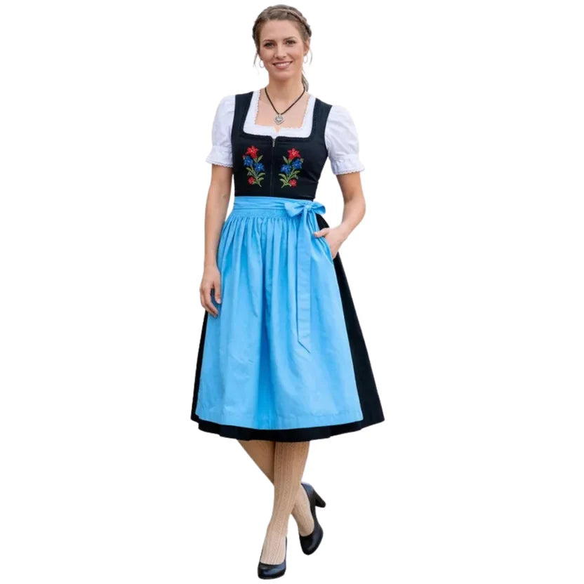 Black Bavarian Dirndl Dress with Light Blue Apron, 3-Pc