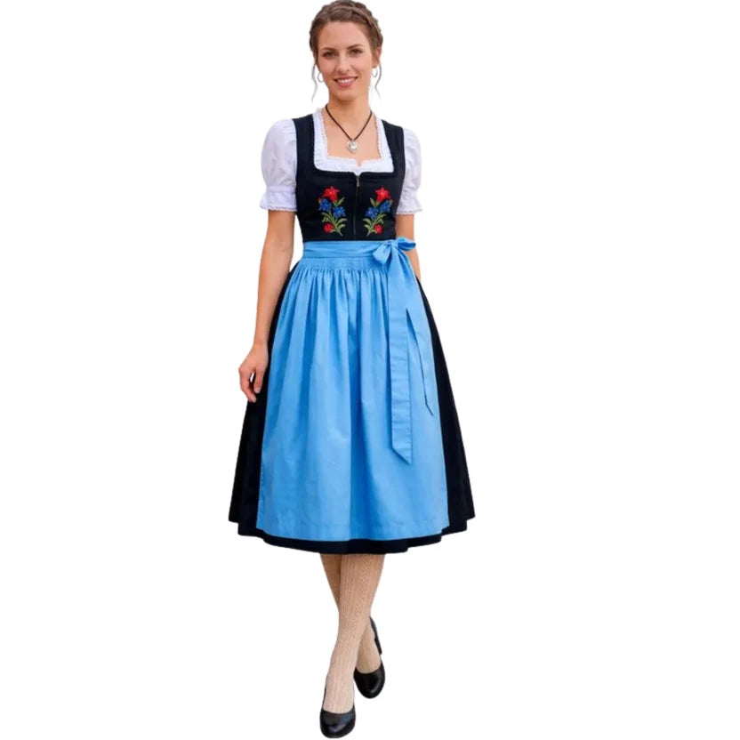 Black Bavarian Dirndl Dress with Light Blue Apron, 3-Pc
