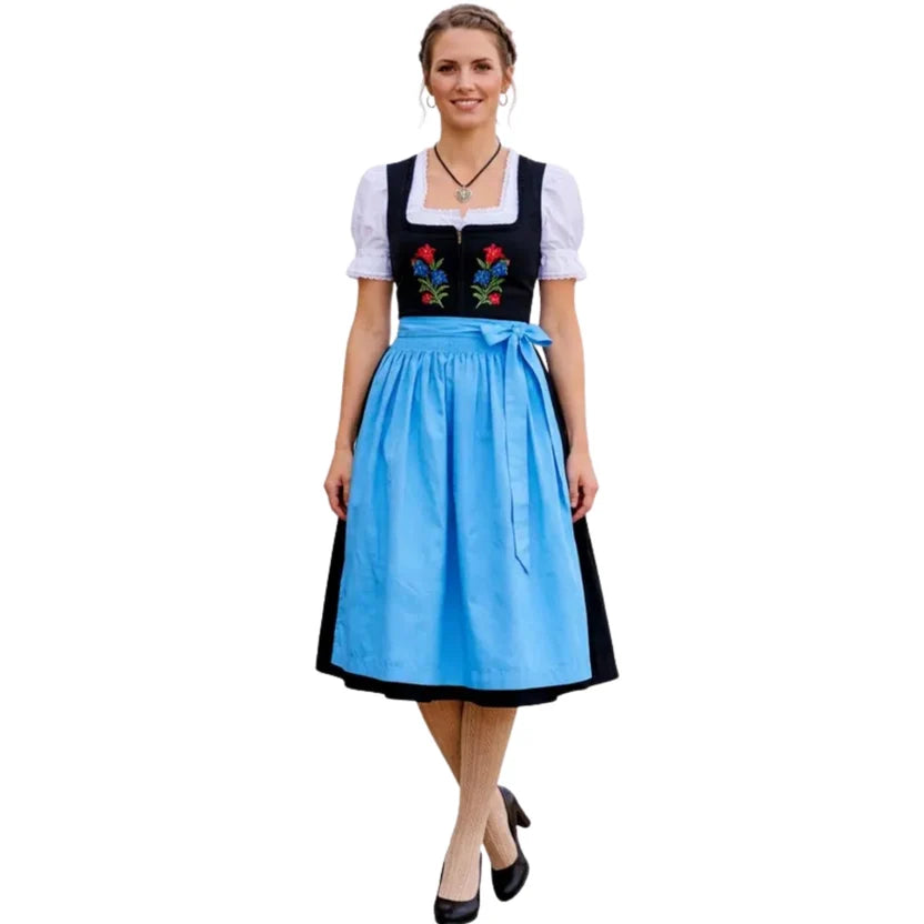 Black Bavarian Dirndl Dress with Light Blue Apron, 3-Pc