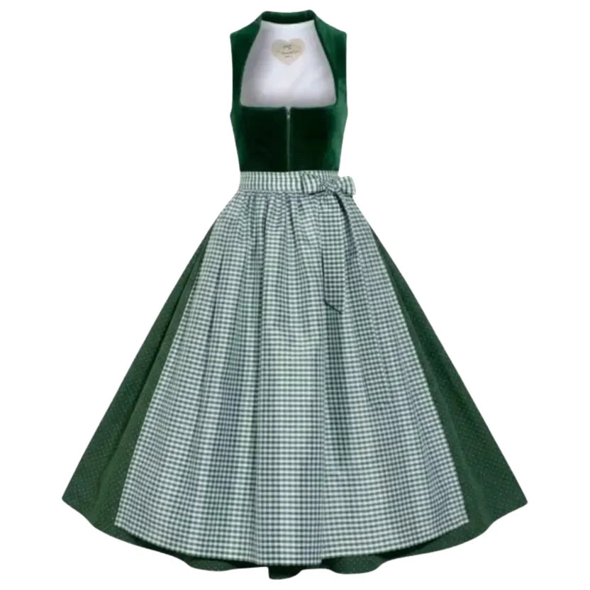 Green Velvet Halter Dirndl Dress with Gingham Skirt