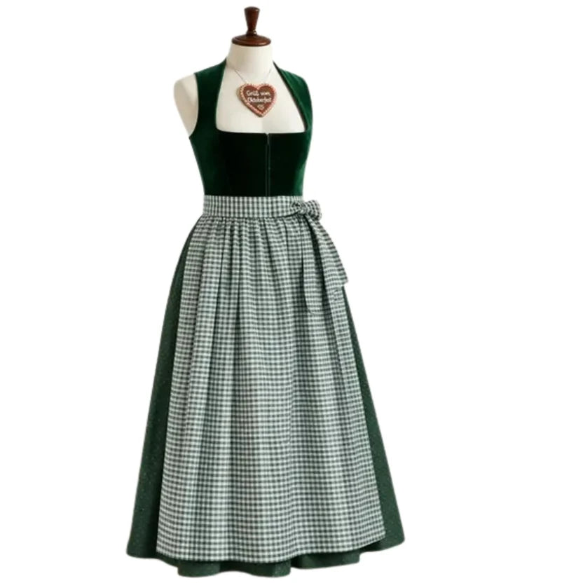 Green Velvet Halter Dirndl Dress with Gingham Skirt