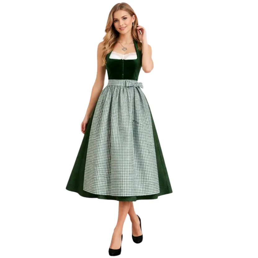 Green Velvet Halter Dirndl Dress with Gingham Skirt