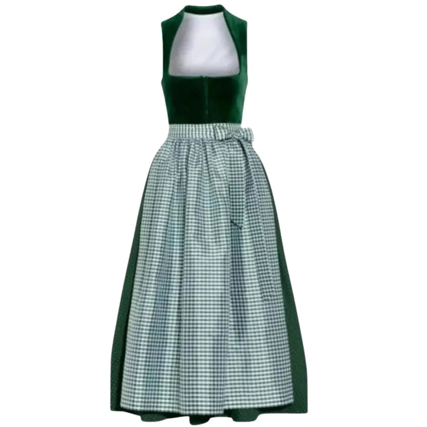 Green Velvet Halter Dirndl Dress with Gingham Skirt