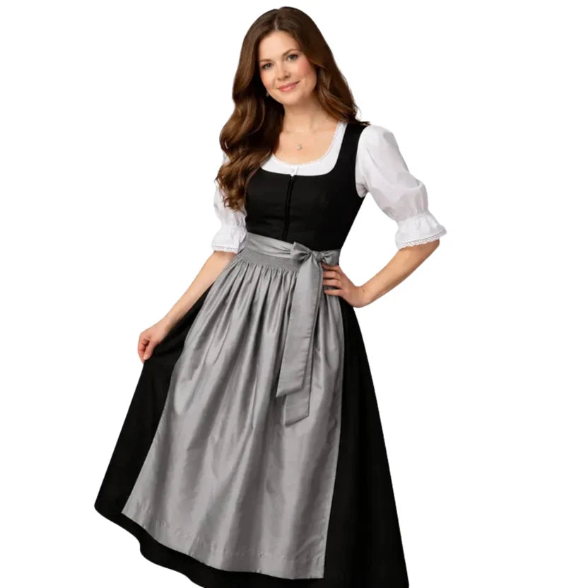 Black Long Dirndl Dress with Silver Gray Satin Apron