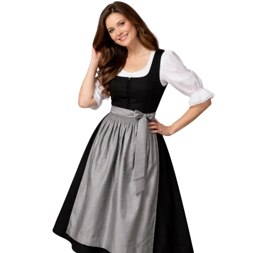 Black Long Dirndl Dress with Silver Gray Satin Apron