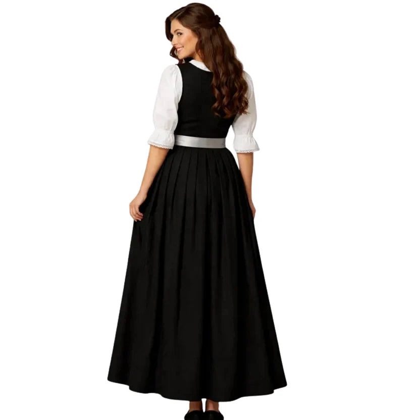 Black Long Dirndl Dress with Silver Gray Satin Apron