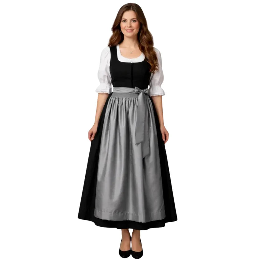 Black Long Dirndl Dress with Silver Gray Satin Apron